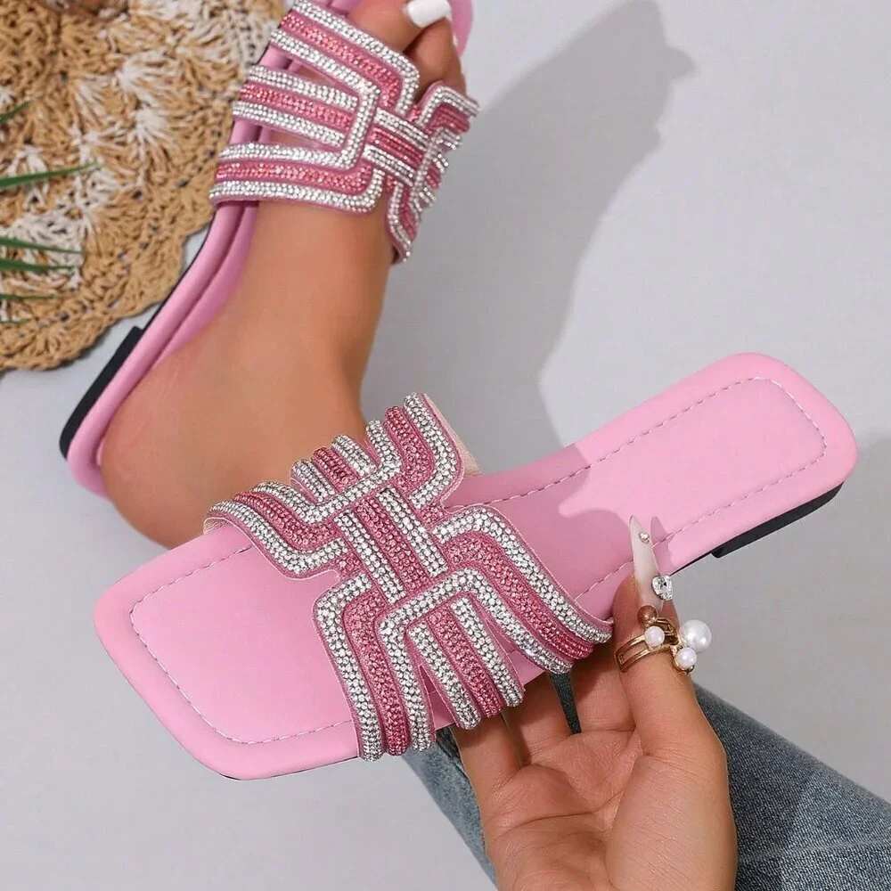Pink Glamorous Women's Crystal Embellished Luxury Flat Slide Sandals